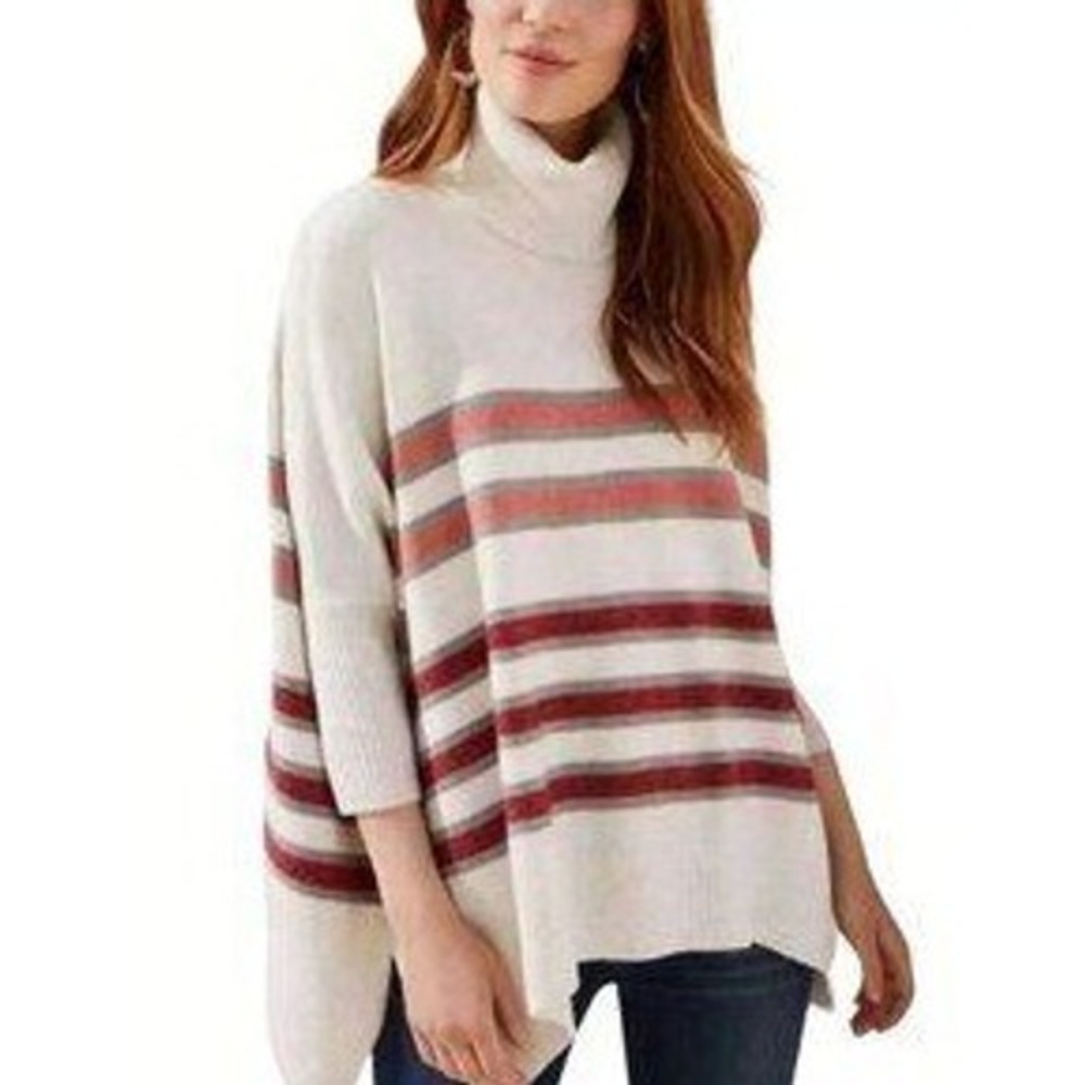 $89 LOFT Women Sweater M Cream Knit Striped Turtleneck Poncho Style